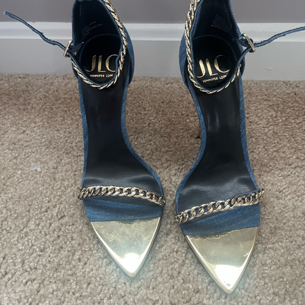 Jennifer Lopez Denim and Gold Chain Heels - Size 7M
